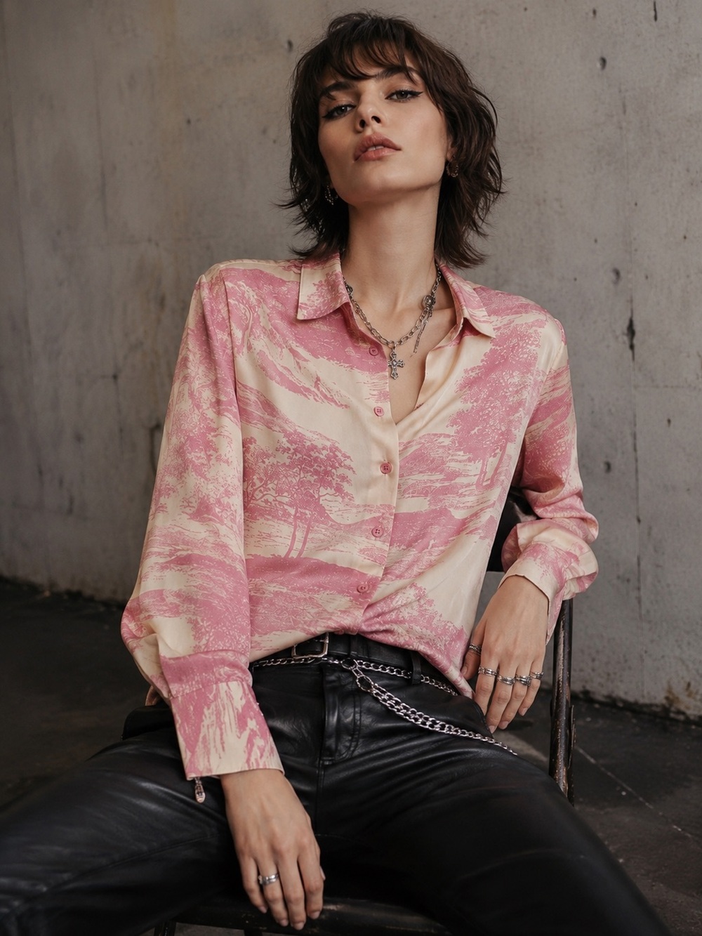 cupcakes & cashmere Pink and Cream Scenic Print Button-Down Shirt